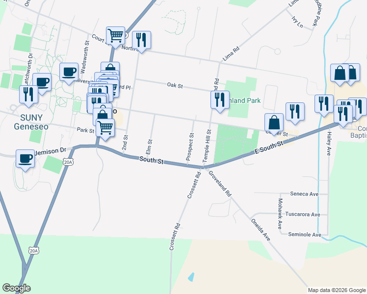 map of restaurants, bars, coffee shops, grocery stores, and more near 20 Prospect St in Geneseo