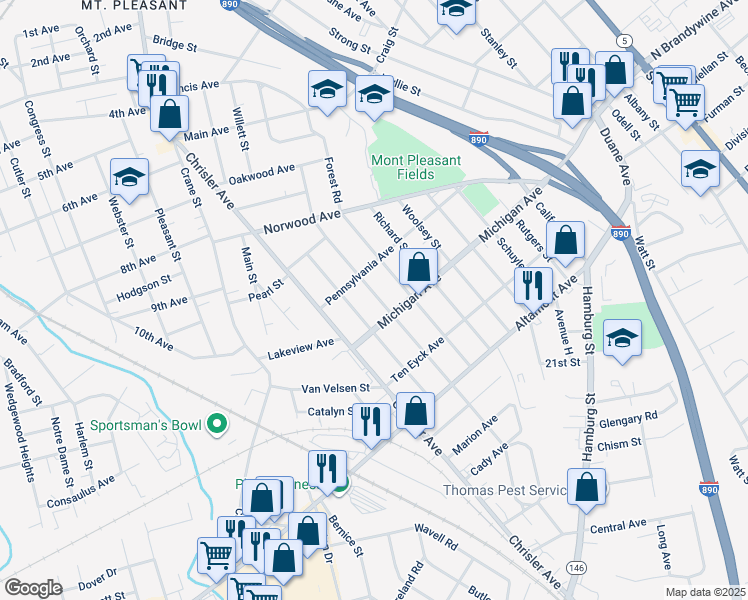map of restaurants, bars, coffee shops, grocery stores, and more near 1443 Dewitt Street in Schenectady