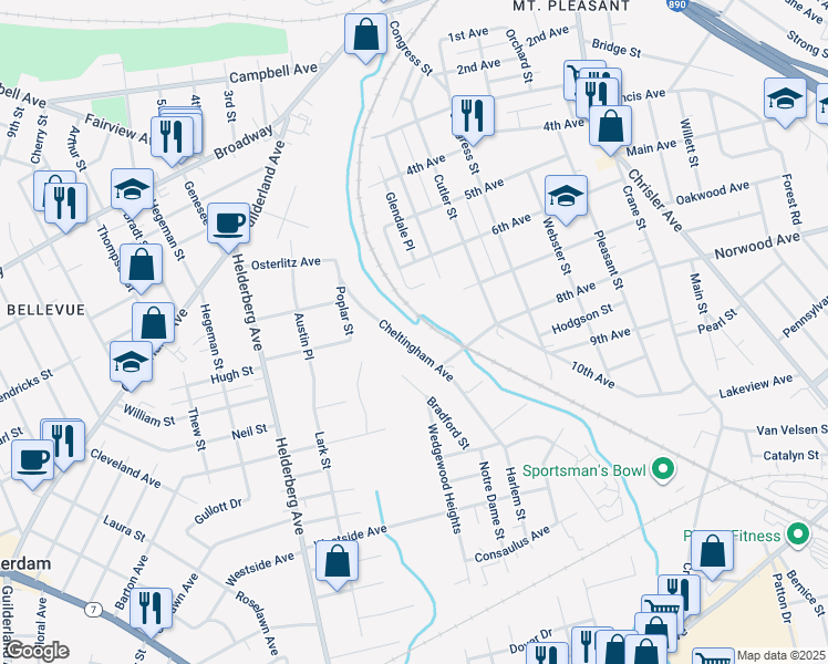 map of restaurants, bars, coffee shops, grocery stores, and more near 89 Cheltingham Avenue in Schenectady