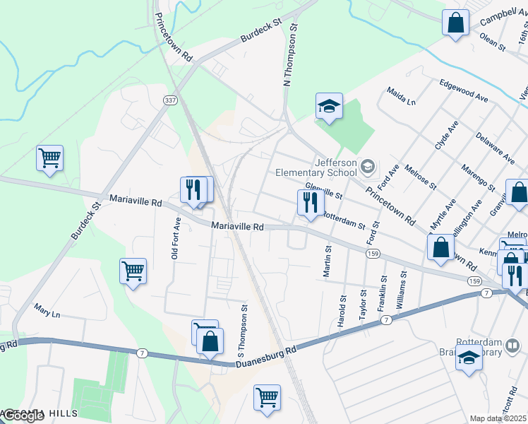 map of restaurants, bars, coffee shops, grocery stores, and more near 30 Old Mariaville Road in Rotterdam