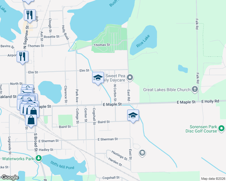 map of restaurants, bars, coffee shops, grocery stores, and more near 115 North Corbin Street in Holly