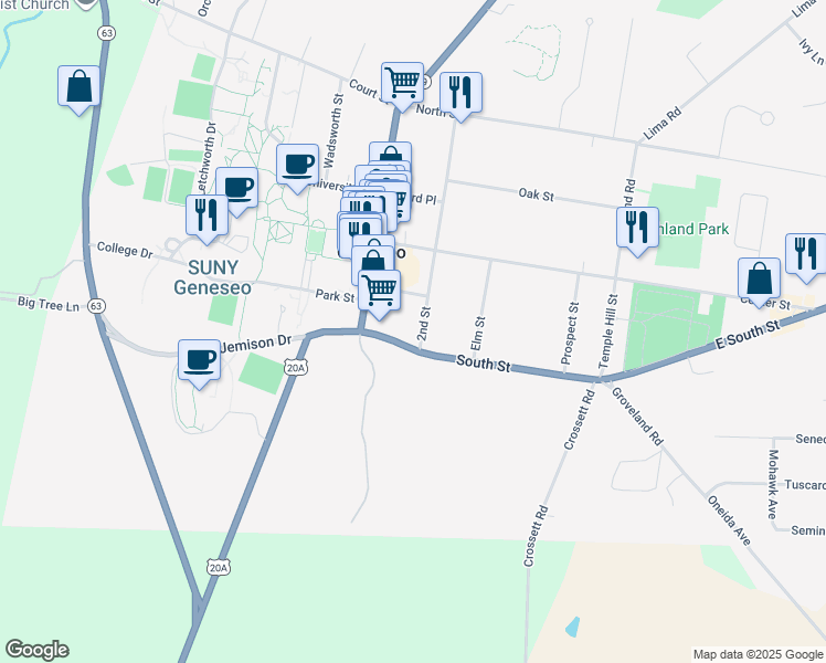 map of restaurants, bars, coffee shops, grocery stores, and more near 72 2nd Street in Geneseo