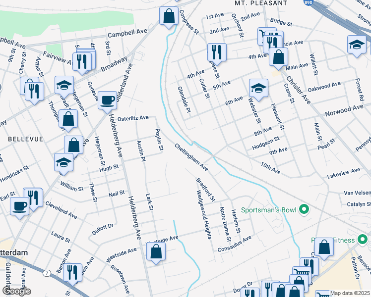 map of restaurants, bars, coffee shops, grocery stores, and more near 89 Cheltingham Avenue in Schenectady
