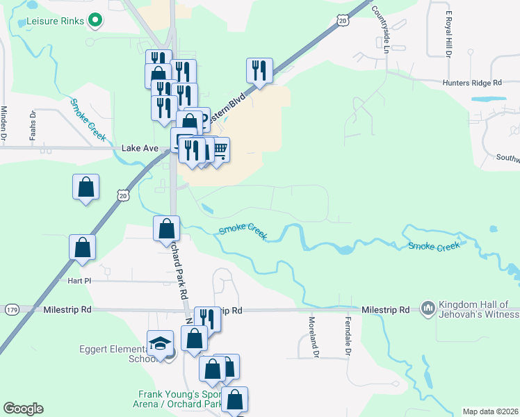 map of restaurants, bars, coffee shops, grocery stores, and more near 245 Hammocks Drive in Orchard Park