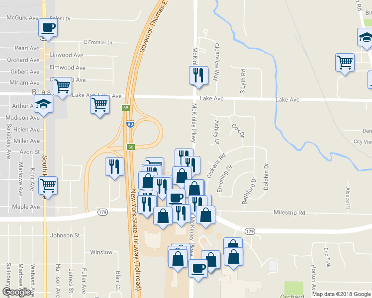map of restaurants, bars, coffee shops, grocery stores, and more near 3350 McKinley Parkway in Buffalo