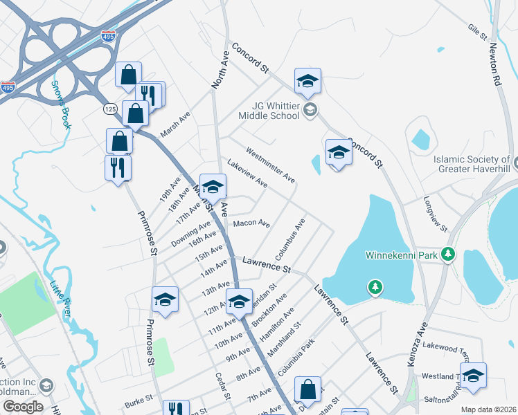 map of restaurants, bars, coffee shops, grocery stores, and more near 36 Macon Avenue in Haverhill