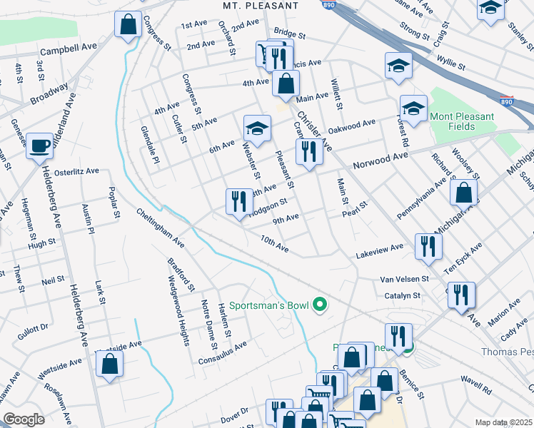 map of restaurants, bars, coffee shops, grocery stores, and more near 1268 Webster Street in Schenectady