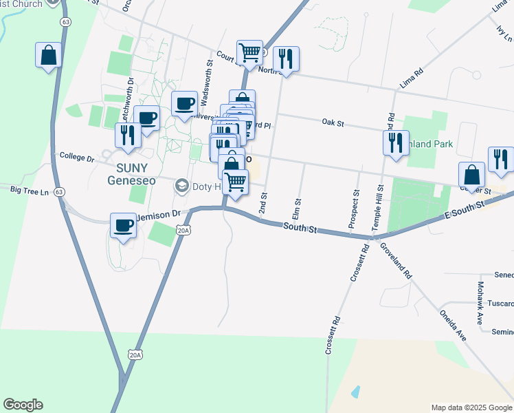 map of restaurants, bars, coffee shops, grocery stores, and more near 72 2nd Street in Geneseo