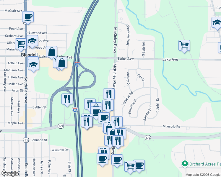 map of restaurants, bars, coffee shops, grocery stores, and more near 3350 McKinley Parkway in Buffalo