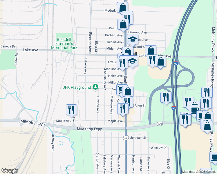 map of restaurants, bars, coffee shops, grocery stores, and more near 55 Avon Street in Blasdell