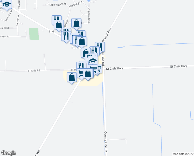 map of restaurants, bars, coffee shops, grocery stores, and more near 66900 Gratiot Avenue in Richmond