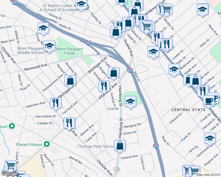 map of restaurants, bars, coffee shops, grocery stores, and more near Altamont Avenue & Avenue H in Schenectady