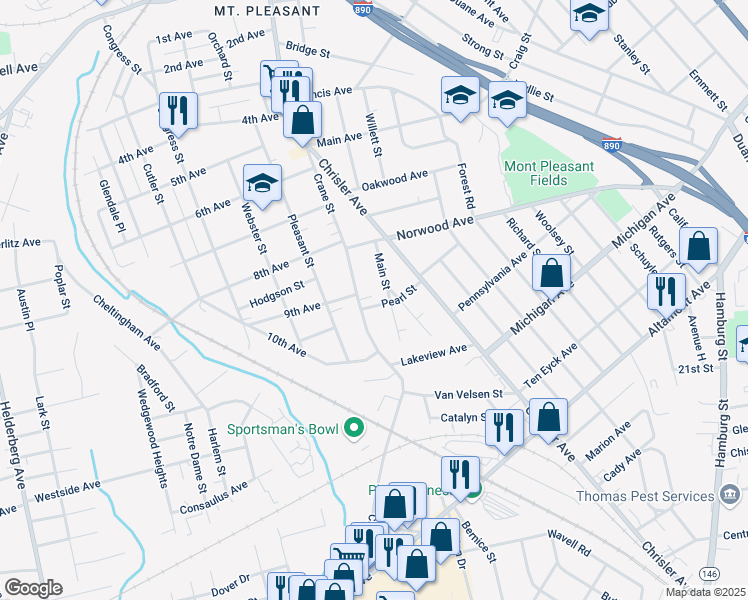 map of restaurants, bars, coffee shops, grocery stores, and more near 1054 Pearl Street in Schenectady