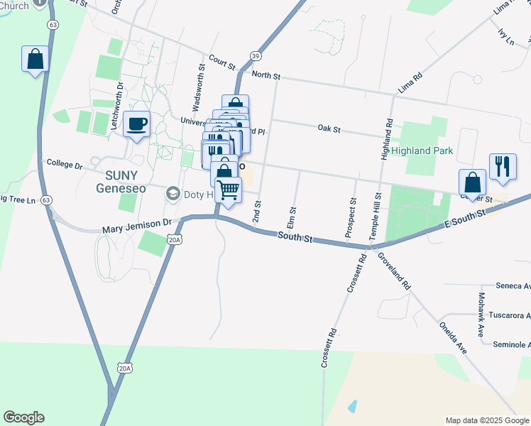 map of restaurants, bars, coffee shops, grocery stores, and more near 17 South Street in Geneseo