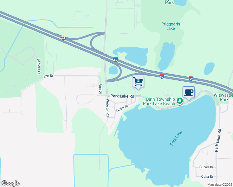map of restaurants, bars, coffee shops, grocery stores, and more near 5800 Park Lake Road in Bath Township