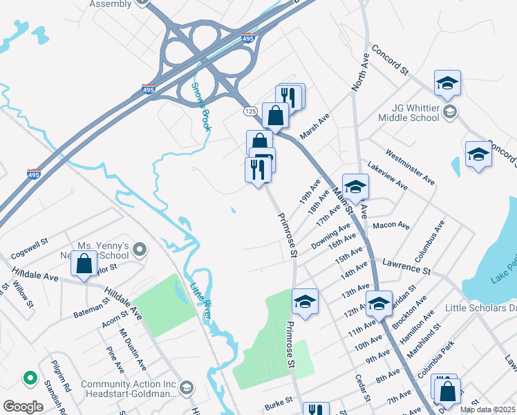 map of restaurants, bars, coffee shops, grocery stores, and more near 600 Primrose Street in Haverhill