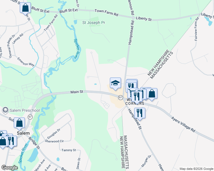 map of restaurants, bars, coffee shops, grocery stores, and more near 387 Main Street in Salem