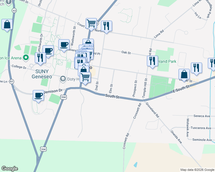 map of restaurants, bars, coffee shops, grocery stores, and more near 17 South Street in Geneseo