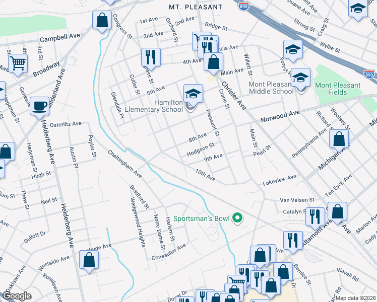 map of restaurants, bars, coffee shops, grocery stores, and more near 1331 Hodgson Street in Schenectady