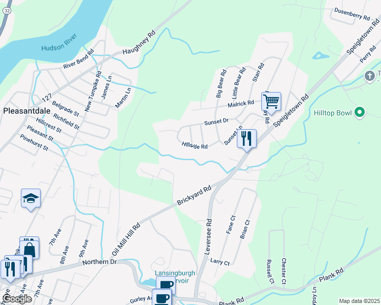 map of restaurants, bars, coffee shops, grocery stores, and more near 9 Hillside Road in Troy
