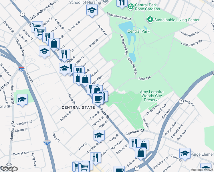 map of restaurants, bars, coffee shops, grocery stores, and more near 62 Spruce Street in Schenectady