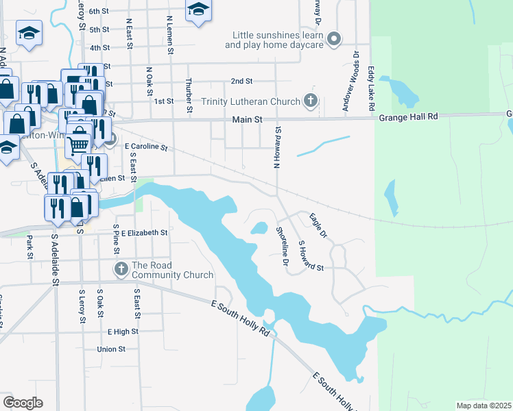 map of restaurants, bars, coffee shops, grocery stores, and more near 622 Shoreline Drive in Fenton