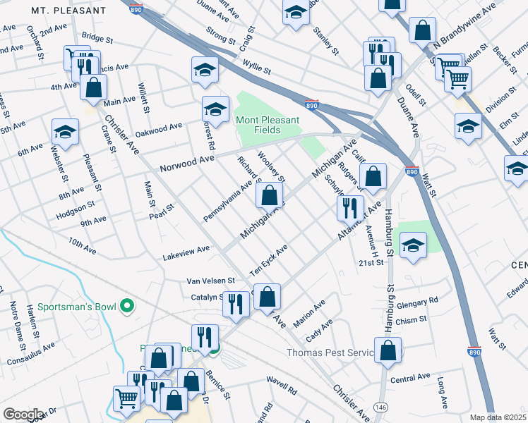 map of restaurants, bars, coffee shops, grocery stores, and more near 1461 Santa Fe Street in Schenectady