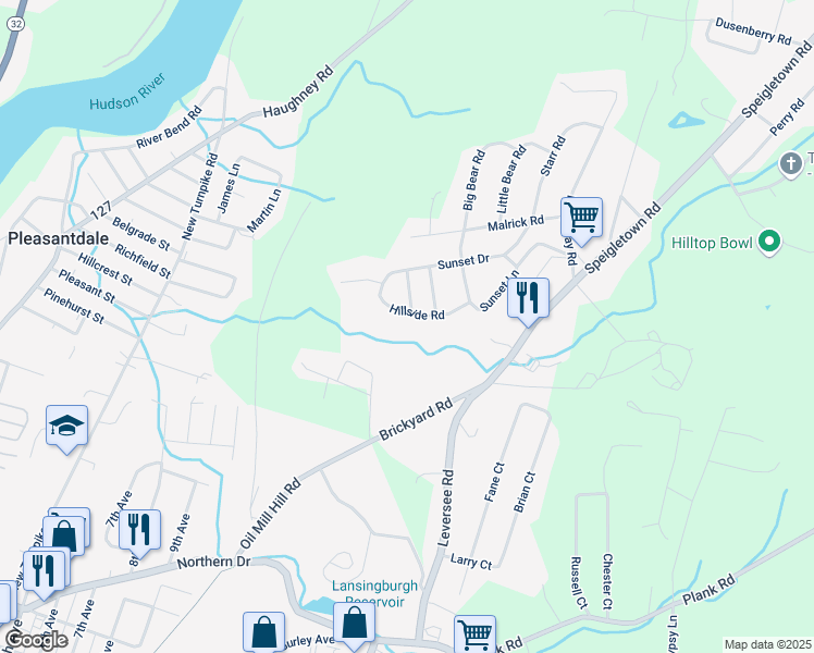 map of restaurants, bars, coffee shops, grocery stores, and more near 9 Hillside Road in Troy