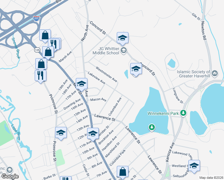 map of restaurants, bars, coffee shops, grocery stores, and more near 85 Lakeview Avenue in Haverhill