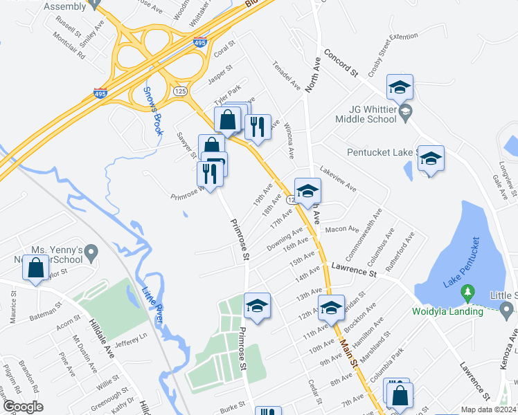 map of restaurants, bars, coffee shops, grocery stores, and more near 34 19th Avenue in Haverhill