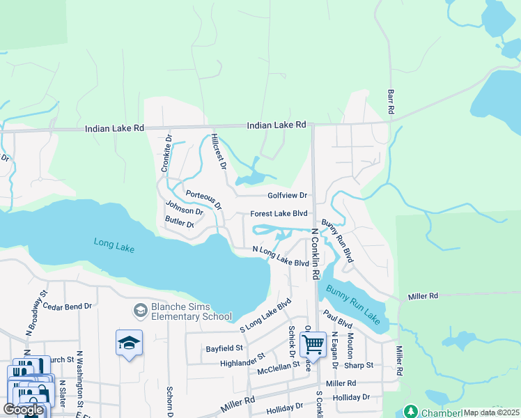 map of restaurants, bars, coffee shops, grocery stores, and more near 588 Forest Lake Boulevard in Orion charter Township