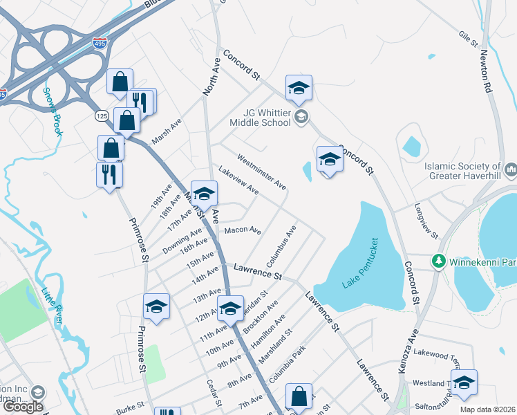map of restaurants, bars, coffee shops, grocery stores, and more near 36 Macon Avenue in Haverhill