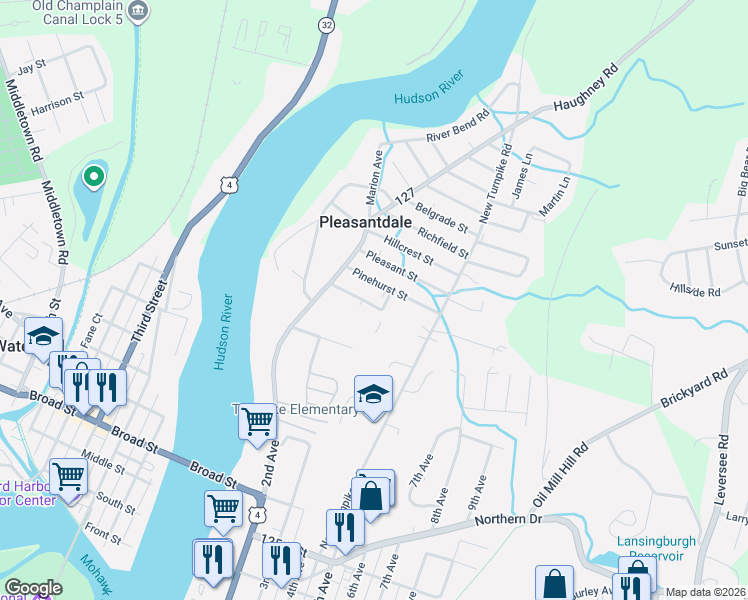 map of restaurants, bars, coffee shops, grocery stores, and more near 399 Oakhurst Street in Troy