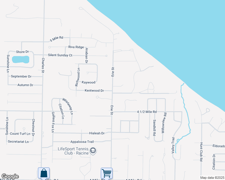 map of restaurants, bars, coffee shops, grocery stores, and more near 5609 Erie Street in Racine