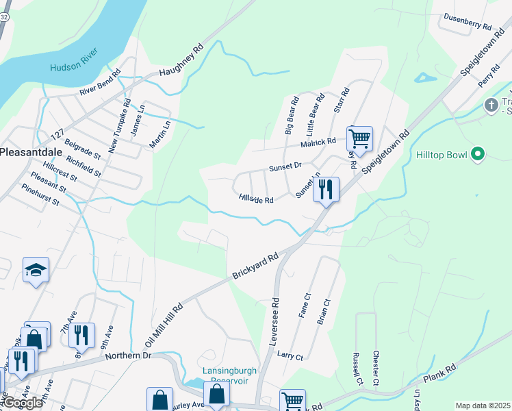 map of restaurants, bars, coffee shops, grocery stores, and more near 9 Hillside Road in Troy