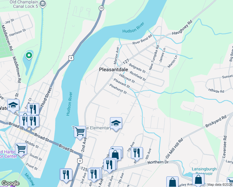 map of restaurants, bars, coffee shops, grocery stores, and more near 399 Oakhurst Street in Troy