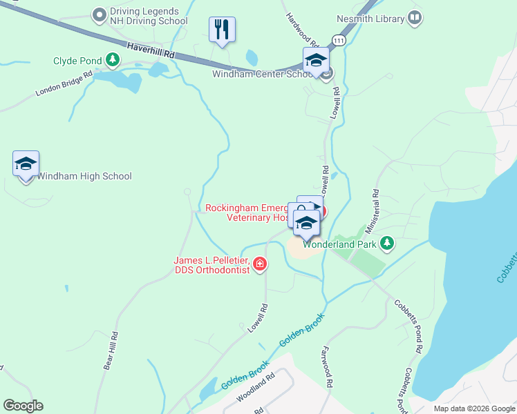 map of restaurants, bars, coffee shops, grocery stores, and more near 6 Westchester Road in Windham