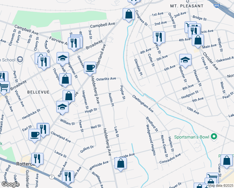 map of restaurants, bars, coffee shops, grocery stores, and more near 1829 Broad Street in Schenectady