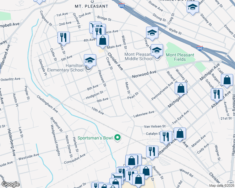 map of restaurants, bars, coffee shops, grocery stores, and more near 1264 Crane Street in Schenectady