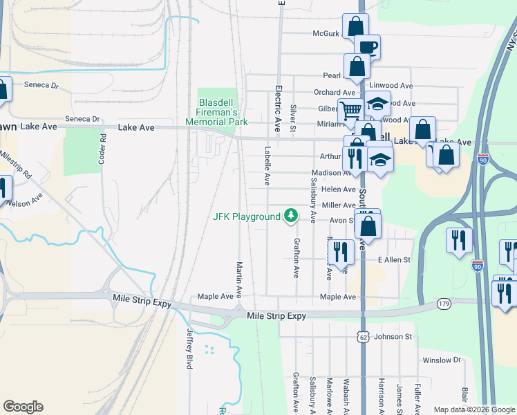 map of restaurants, bars, coffee shops, grocery stores, and more near 94 Martin Avenue in Blasdell