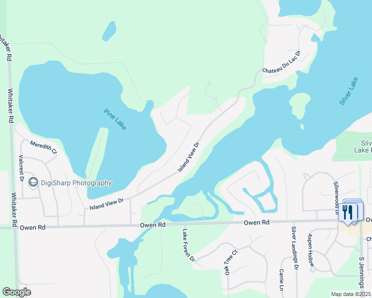 map of restaurants, bars, coffee shops, grocery stores, and more near 4370 Island View Drive in Fenton