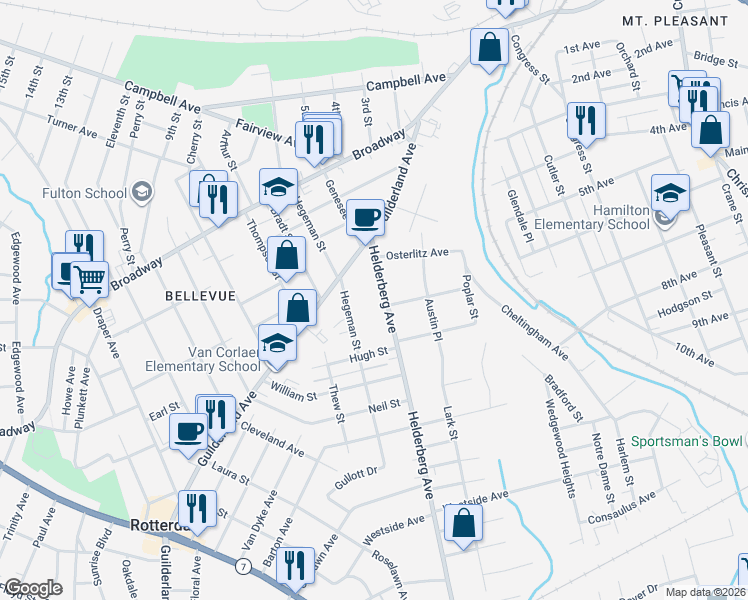 map of restaurants, bars, coffee shops, grocery stores, and more near 1064 Helderberg Avenue in Schenectady