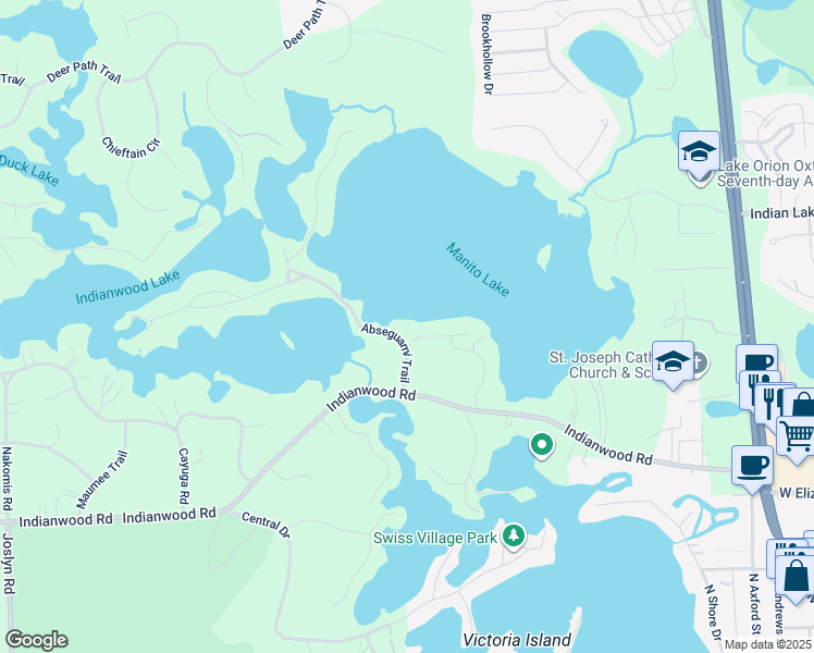 map of restaurants, bars, coffee shops, grocery stores, and more near 698 Abseguami Trail in Lake Orion