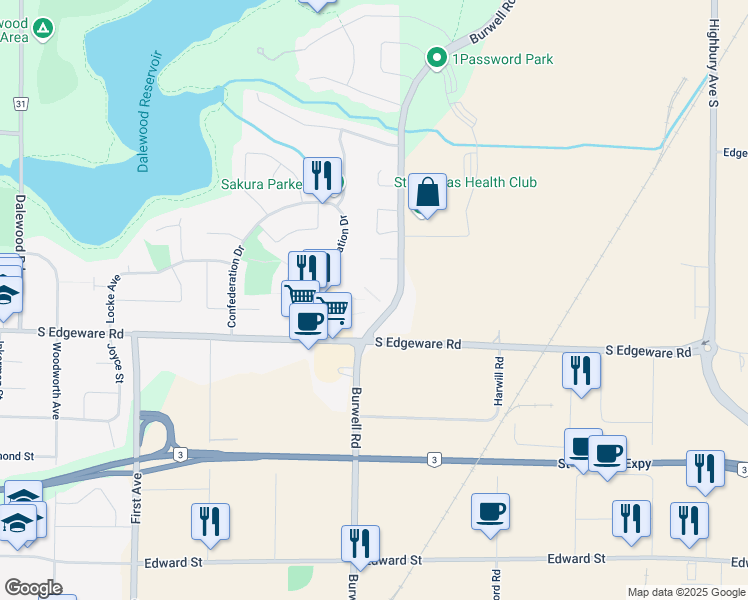 map of restaurants, bars, coffee shops, grocery stores, and more near 104 Confederation Drive in St. Thomas
