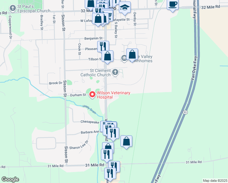 map of restaurants, bars, coffee shops, grocery stores, and more near 409 South Main Street in Romeo