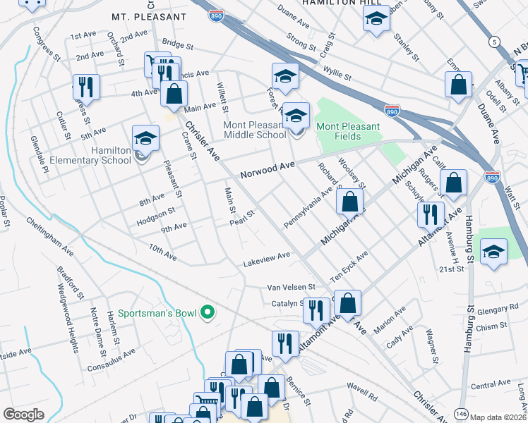 map of restaurants, bars, coffee shops, grocery stores, and more near 1325 Wing Avenue in Schenectady