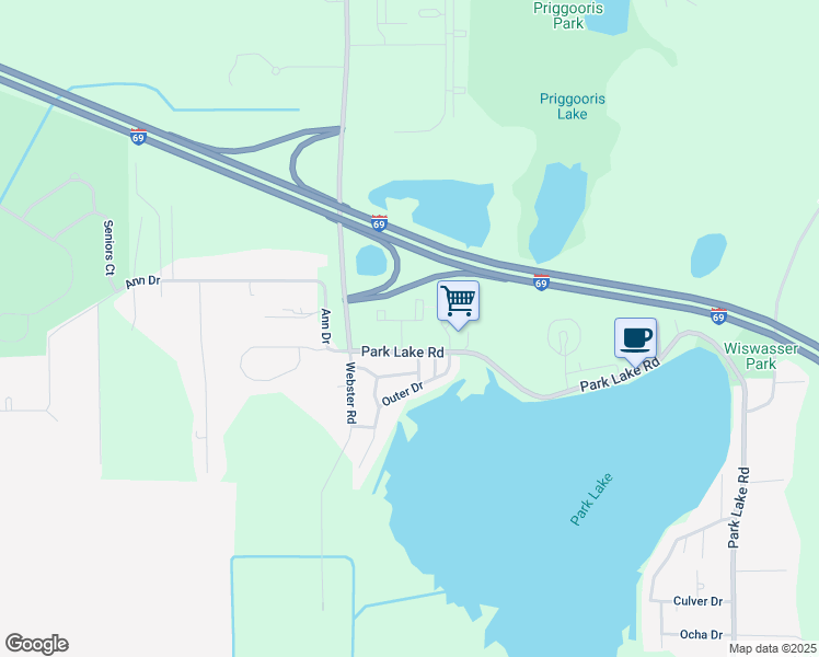 map of restaurants, bars, coffee shops, grocery stores, and more near 5932 Park Lake Road in Bath Township