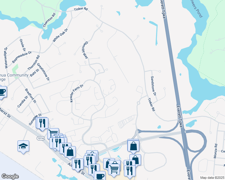 map of restaurants, bars, coffee shops, grocery stores, and more near 40 Ramsgate Ridge Drive in Nashua