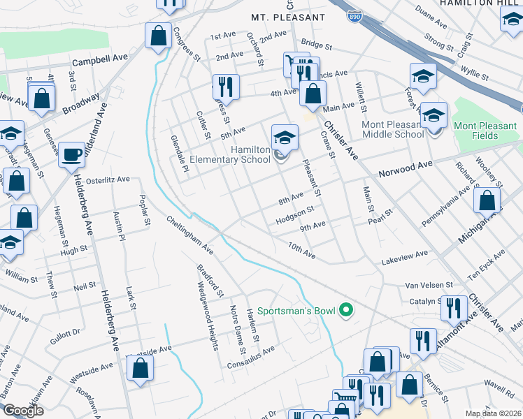 map of restaurants, bars, coffee shops, grocery stores, and more near Congress Street & 8th Avenue in Schenectady