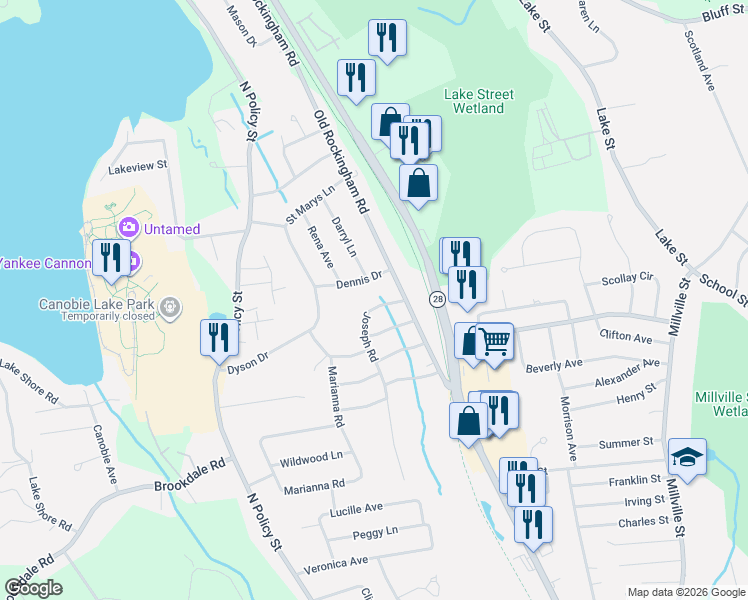 map of restaurants, bars, coffee shops, grocery stores, and more near 2 Darryl Lane in Salem